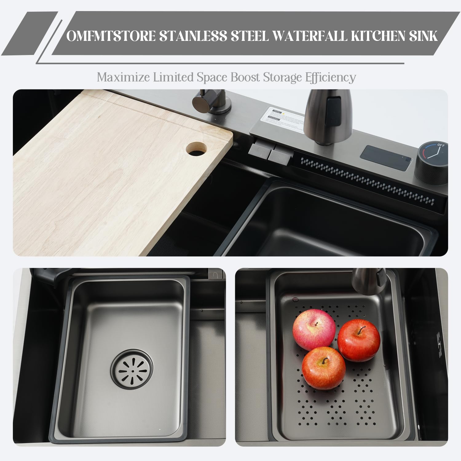 Lavello da Cucina, 85 x 50 cm, in Acciaio Inox con Cascata e Display, 1 Vasca, Ampio Piano di Lavoro con Tagliere, sifone, troppopieno e Set di Scarico.