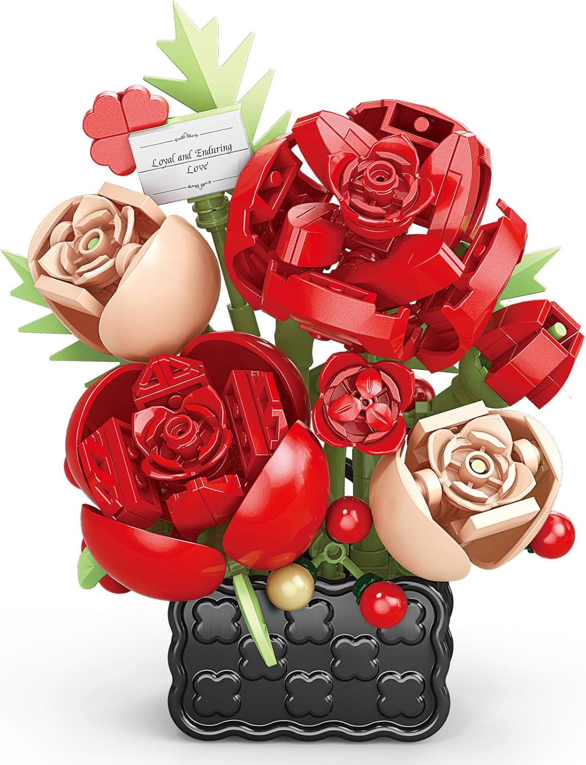 Mini Flower Bouquet Building Set - Creative DIY Tiny Plants & Succulent Toys for Kids Ages 6+, Adults, Girls & Boys | Home Desk Decor, Birthday Gift, STEM Learning (Red Rose)