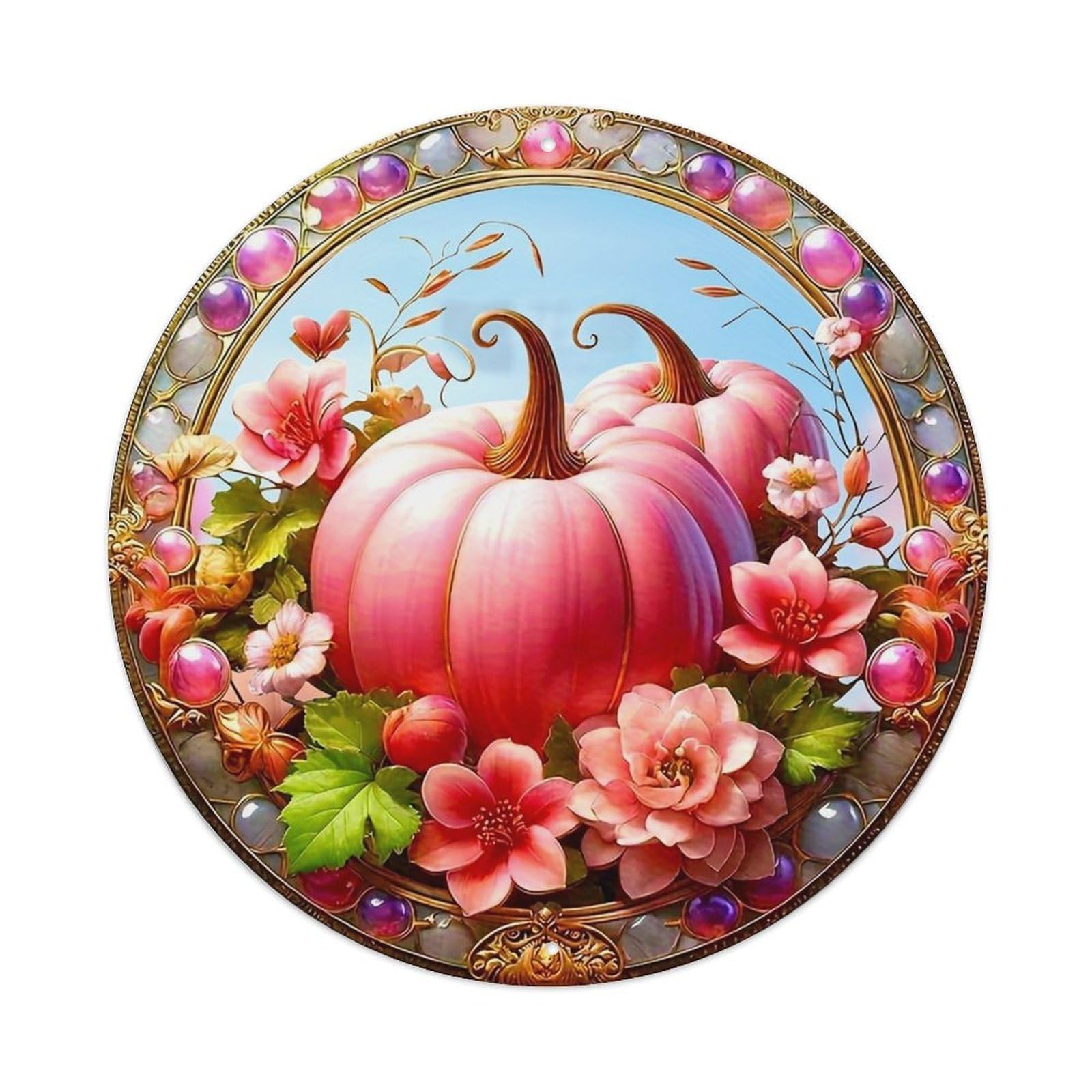 Pink Pumpkin Floral Jewel Vintage Metal Tin Sign Retro Wall Decor for Home Bar Garage Cafe, Indoor & Outdoor Decorative，circle Metal Poster, 8x8 Inch