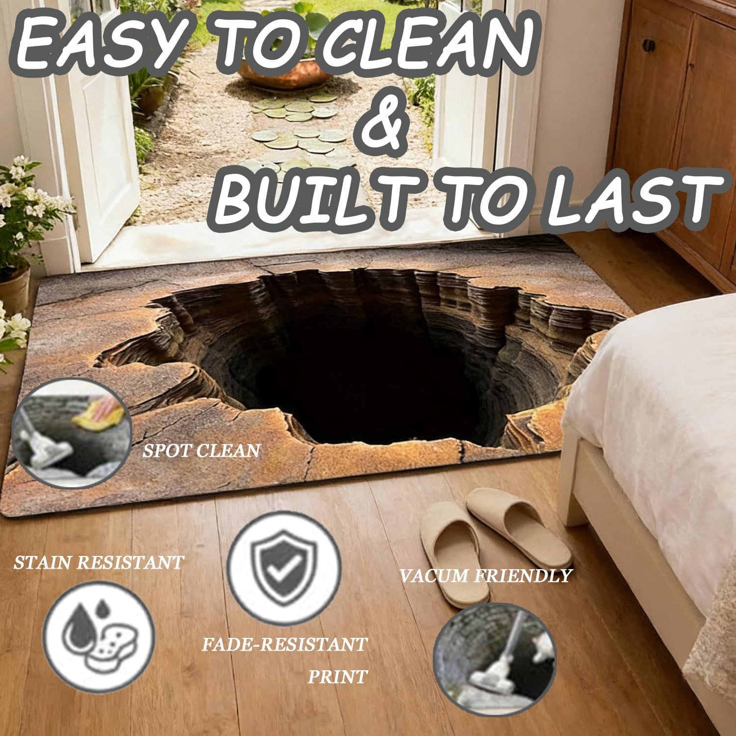 3D Optical Illusion Rug, Test & Play with Dog or Cat, Rug That Looks Like a Hole in The Ground, 3D Realistic Hole Rugs for Door Entrance, Bath, and Stair Zones