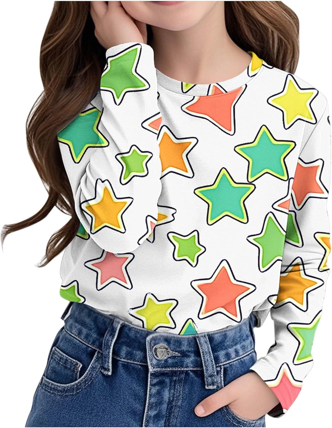 XINYUNZU Girls' Long-Sleeved Shirt Y2K Top Long Sleeve Shirt Crew Neck Fashion T-Shirt Long Sleeve Children's Casual Tops with Star Pattern Spring Autumn 3-14 Years Old A 06 White Ages 11 - 12