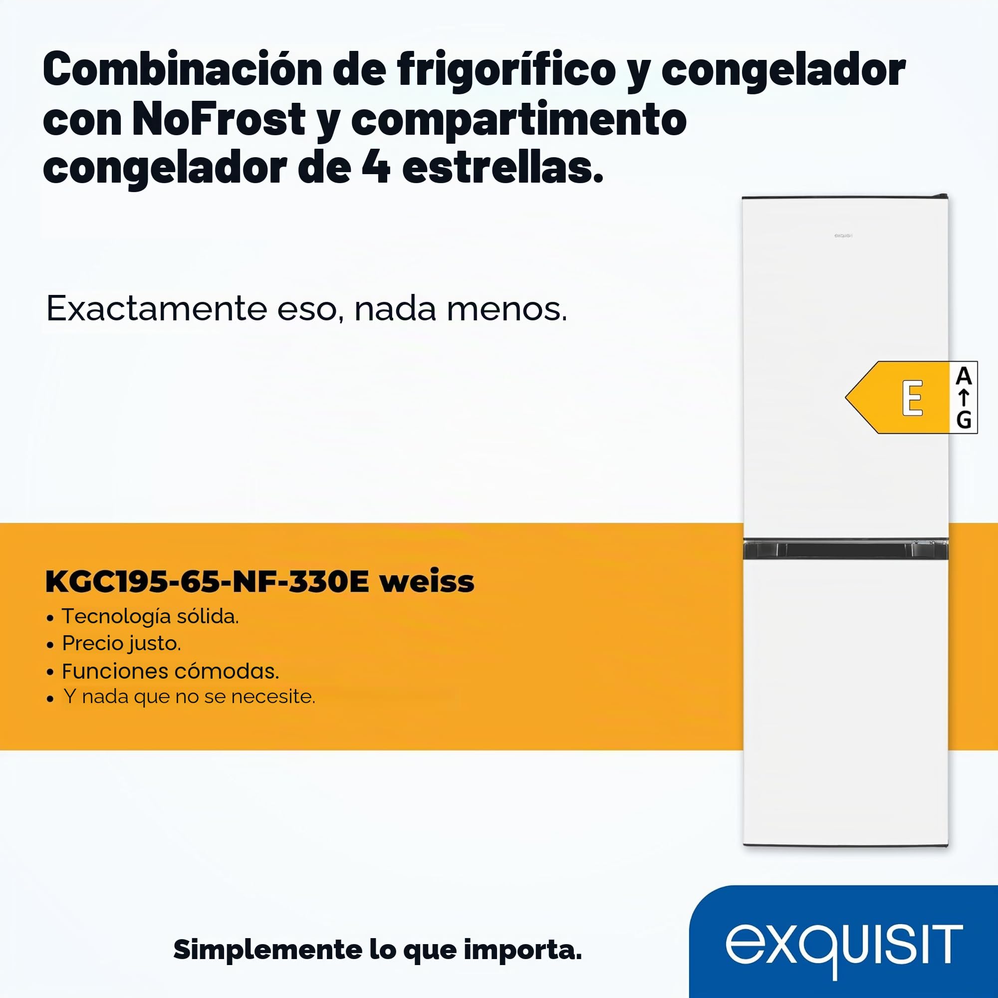 EXQUISIT Frigorífico Combi No Frost 193l Blanco - Nevera con Congelador de Bajo Consumo Energético, Clase E, Multi Air Flow, Gran Espacio, Iluminación LED (157,5 x 48,5 x 60cm)