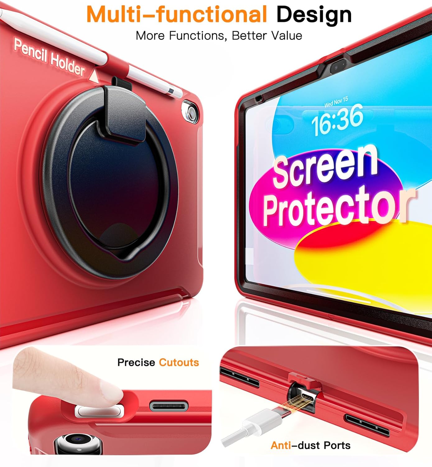 BATYUE Shockproof Case for iPad 10th Gen 10.9" 2022 / 11th Gen (A16) 11" 2025 | 360° Multi-Angle Stand (Portrait & Landscape) & Grip, Built-in Screen Protector, Pencil Holder, Red