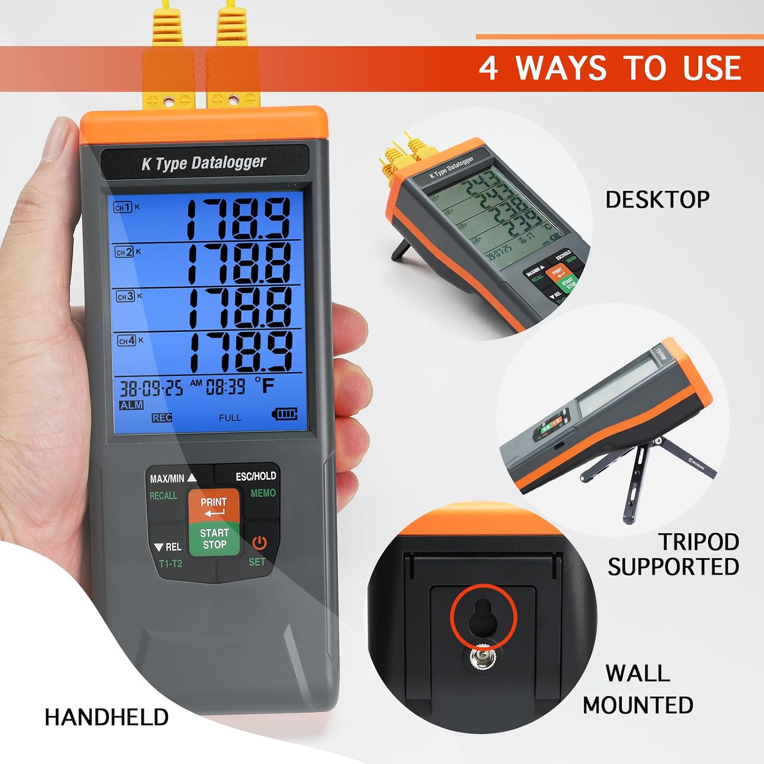 4 Channels Thermocouple Thermometer Data Logger High Accuracy Temperature Logger, K Type Thermometer with 48,000 Groups Data Records, -328~2498℉ Measuring Range, Buzzer & Visible Alarm, PC Export