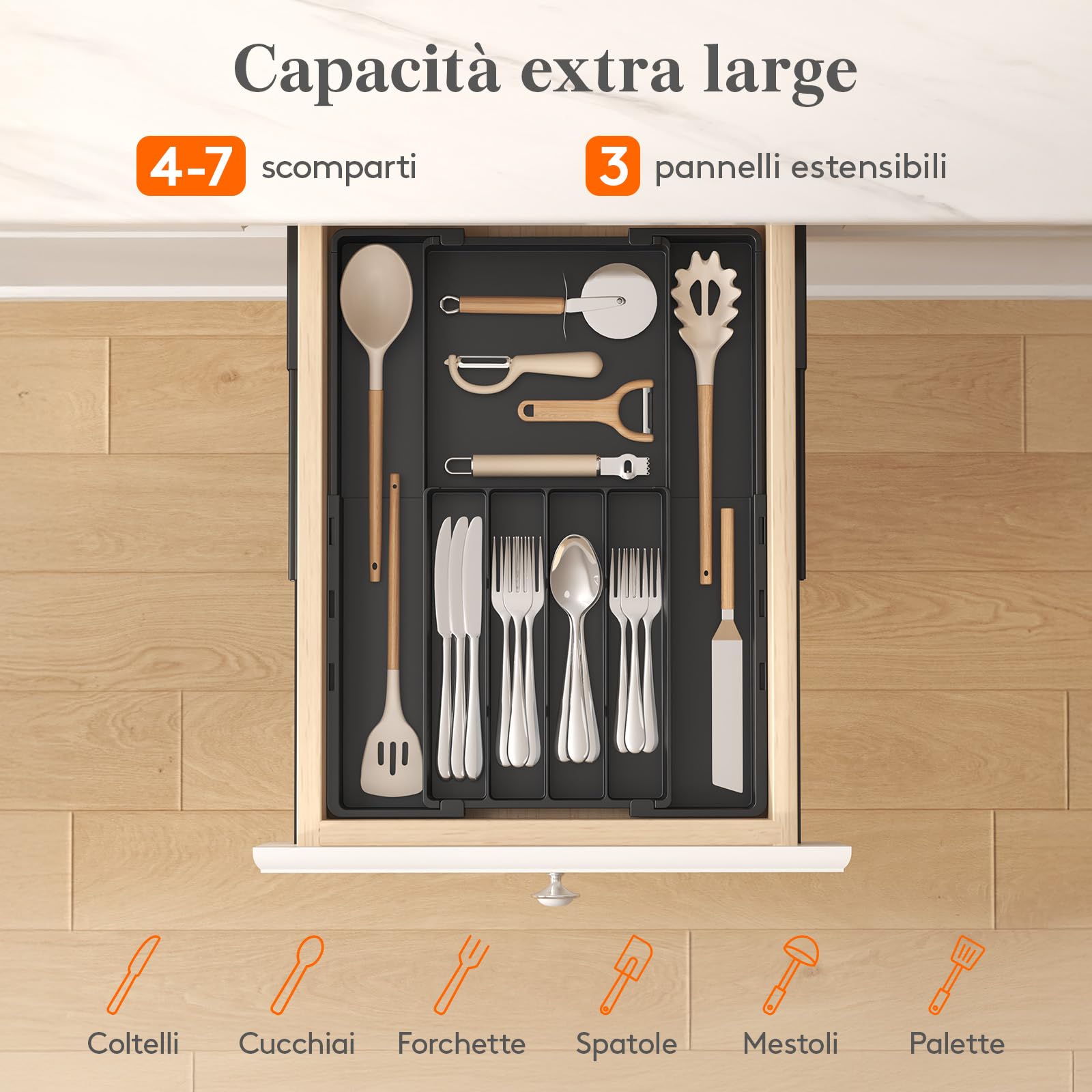 Lifewit Organizer Cassetti Cucina Regolabile, Vassoio Plastica per Utensili e Coltelli, 4-7 Scomparti, Larghezza 22,5-36 cm, Nero