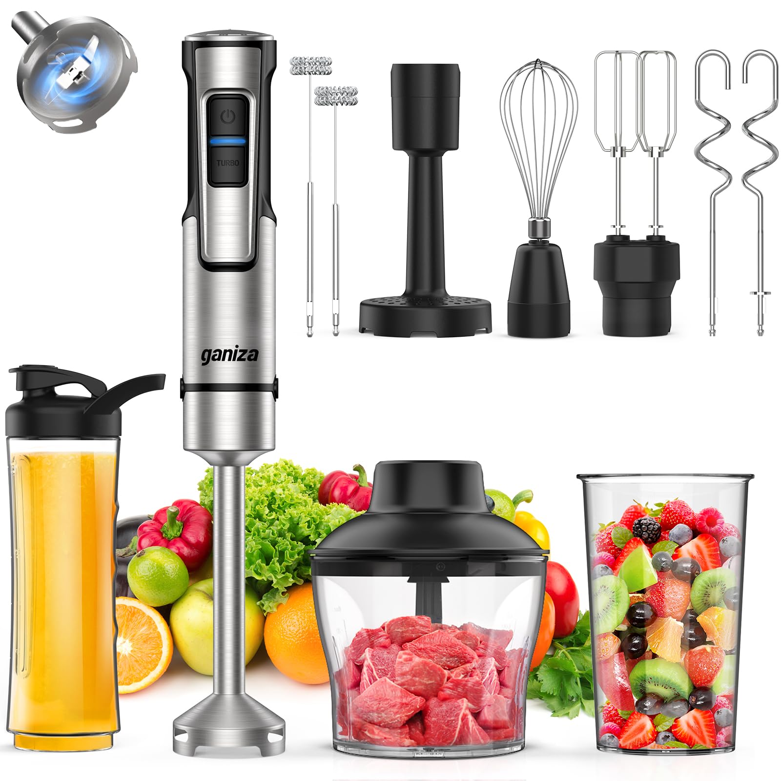 Ganiza Batidora de mano eléctrica 10 en 1, potente batidora de 1200 W con control de velocidad y botón TURBO, Multifunción picadora con doble espumador de leche, para preparar salsas y batidos