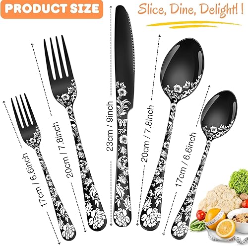Miniatura 9 de Vilihkc Juego de cubiertos de 20 piezas con diseño de flores de peonía, juego de cubiertos de acero inoxidable para 4, juego de cubiertos de oro
