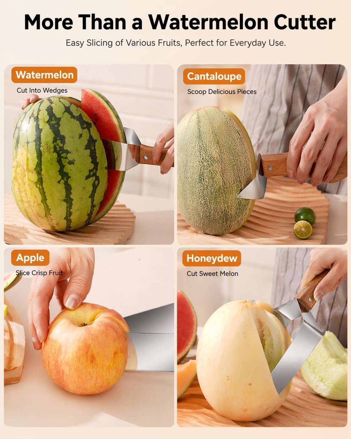 Triangle Watermelon Cutter, 430 Stainless Steel Slicer Tool with Wooden Handler, for Watermelon, Melon, and Apple