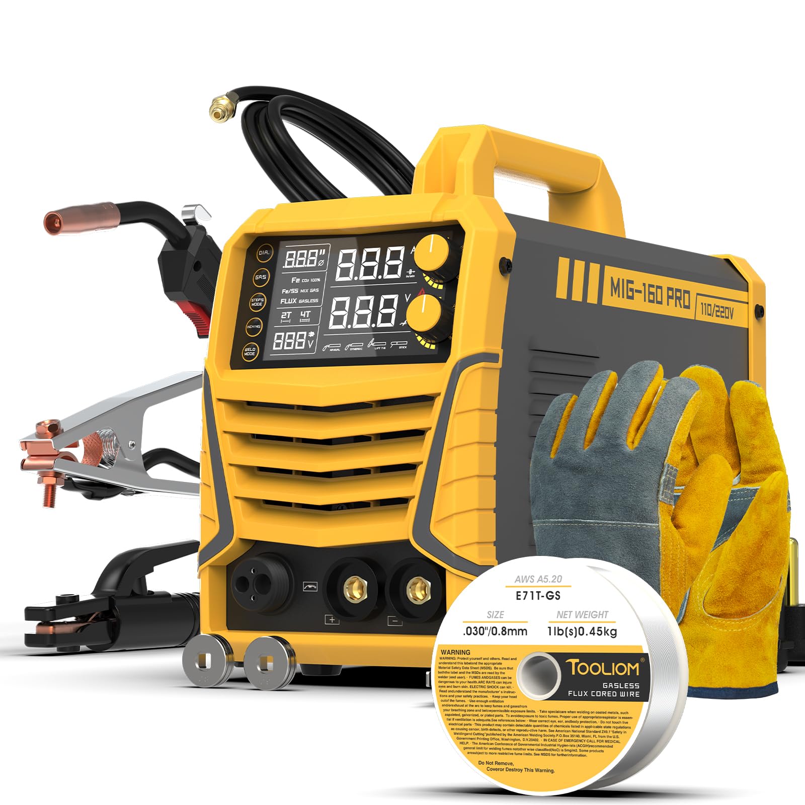 TOOLIOM Soldador MIG de 160 A 4 en 1 de gas MIG/núcleo de flujo MIG/Stick (MMA)/máquina de soldadura TIG de elevación 110/220 V, soldador de doble voltaje IGBT DC Inverter con pantalla LCD