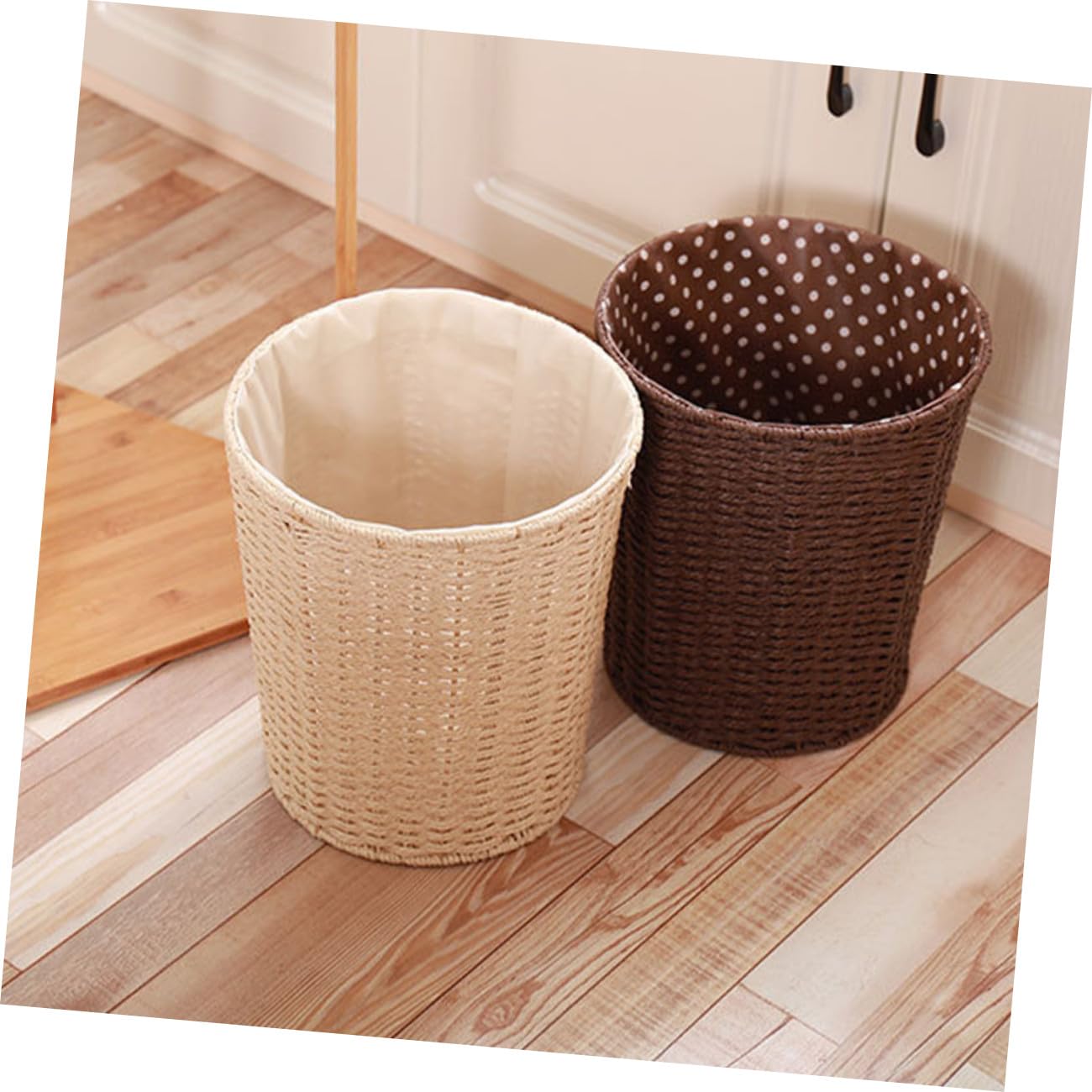 Woven Rattan Wastebasket with Liner Beige Trash Can Multi-Function Storage Basket for Kitchen Bedroom Living Room Home Organization Random Style