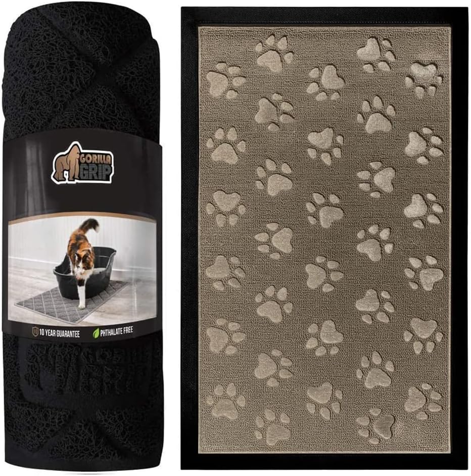 Gorilla Grip Cat Mat and Rubber Doormat, Cat Mat is 24x17 in Black Color, Rubber Doormat is 17x29 in Tan Pawprints Color, 2 Item Bundle