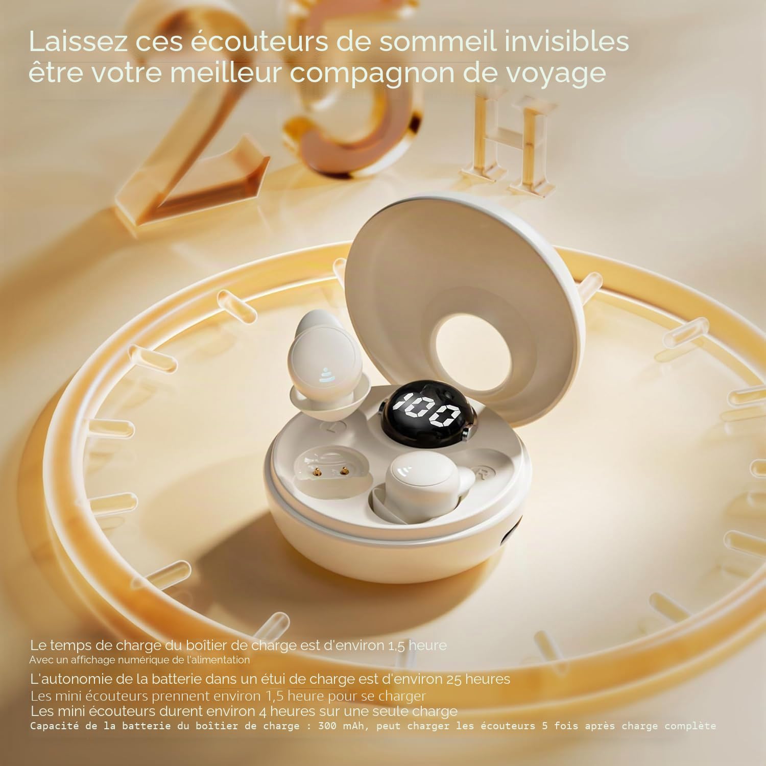 Sleep Earbuds for Side Sleepers Silicone, Mini Casque sans Fil Bluetooth 5.3, Ecouteur Invisibles avec Affichage de Puissance, Casque Sommeil pour l'exercice, Le Travail, la Randonnée(Beige)