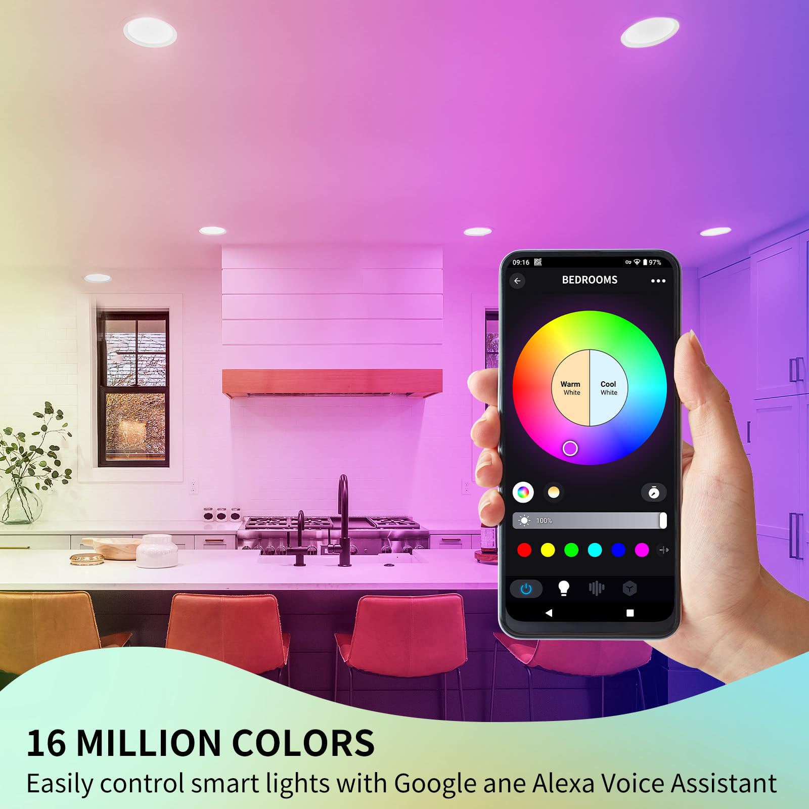 Paquete de 4 luces LED inteligentes empotrables de 6 pulgadas, ultra delgadas, WiFi, sin gris, luz descendente de 12 W 1200 lm con caja de conexiones, compatible con Alexa Google Assistant
