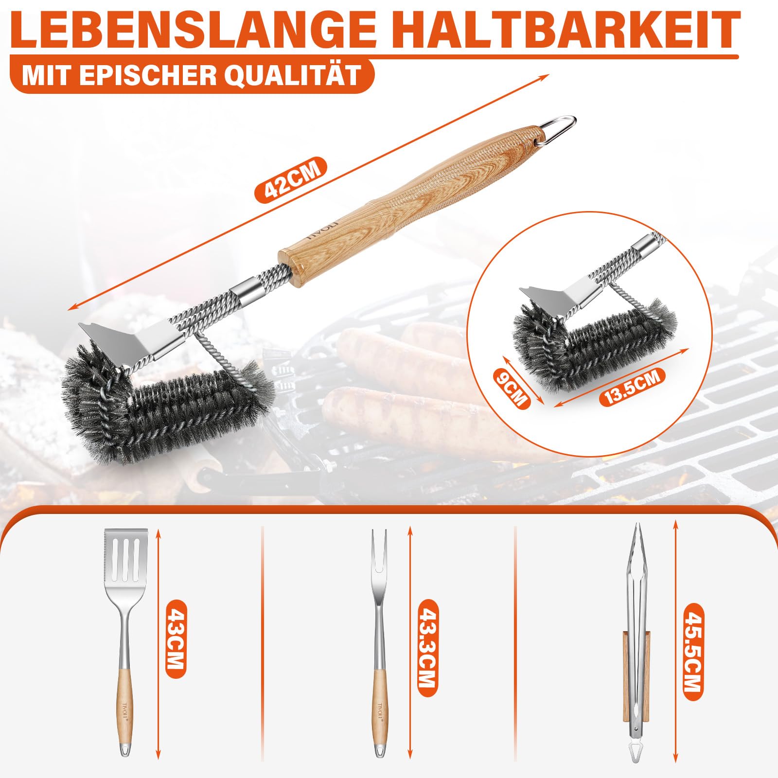 TIVOLI Grillbesteck Set 4-teilig, aus hochwertigem Edelstahl Gefertigt, mit Sicheren Holzgriffen, inklusive Grillzange, Pfannenwender, Grillbürste und Grillgabel – Grill Geschenke für Männer