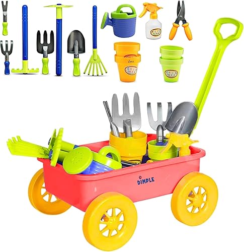 Dimple Garden Wagon & Tools - Juego de 15 herramientas de jardinería para niños, resistente y duradero, juego de jardín superior, playa, arena,