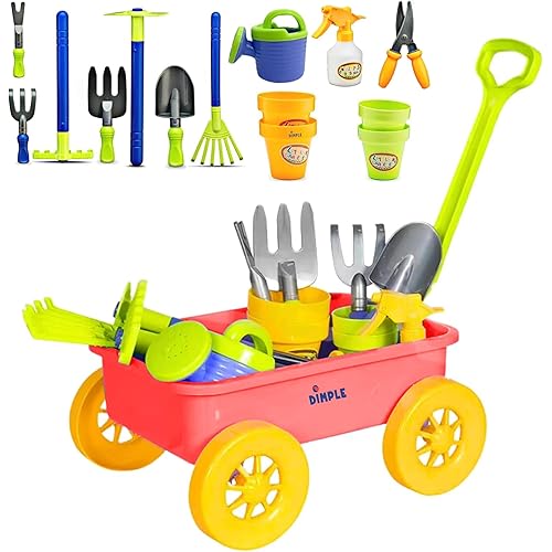 Dimple Garden Wagon & Tools Toy Set Premium 15 Pcs Kids Gardening Tools & Wagon Toy Set - Sturdy & Durable - Top Yd, Beach, Sand, Garden Play Set - Great for Kids & Toddlers