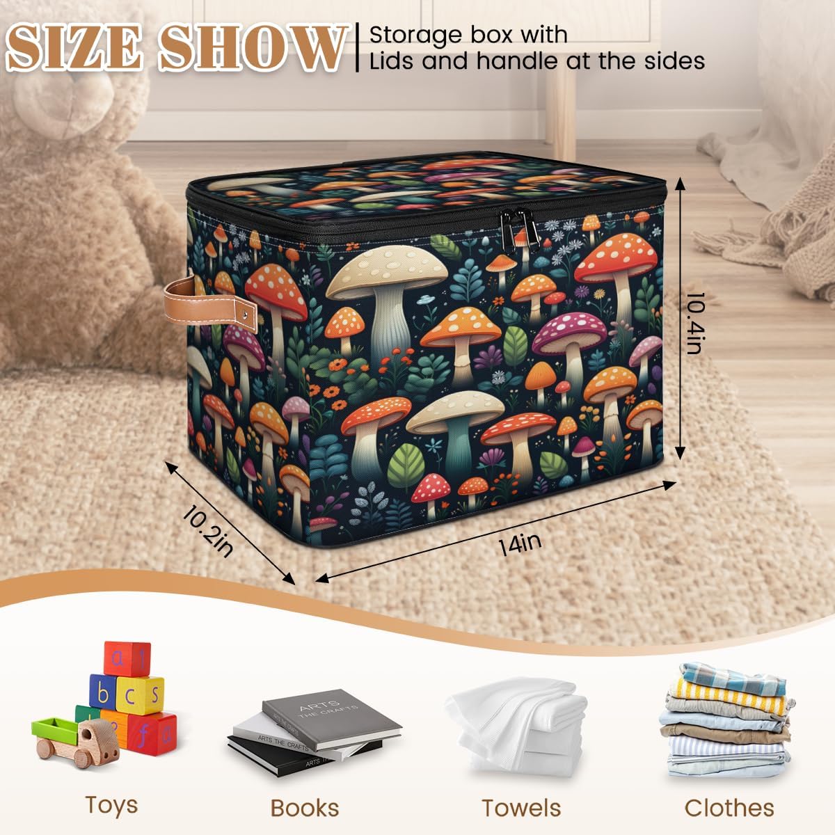 Storage Bin Set of 2 Colorful Mushrooms Storage Basket with Zipper Lid & Handle Foldable Closet Shelf 2 Pack Cloth Organizer Basket Cube Bins Clothes Organizer for Bedroom, Nursery