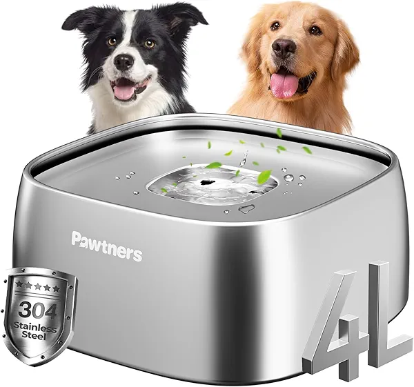 Pawtners No Spill Water Bowl for Dogs, 135oz/4L All Stainless Steel Dog Water Bowl with Non-Slip Base, Spill Proof for Medium Large Messy Drinkers, Anti Splash, Slow Drinking, Slobber Stopper, Silver