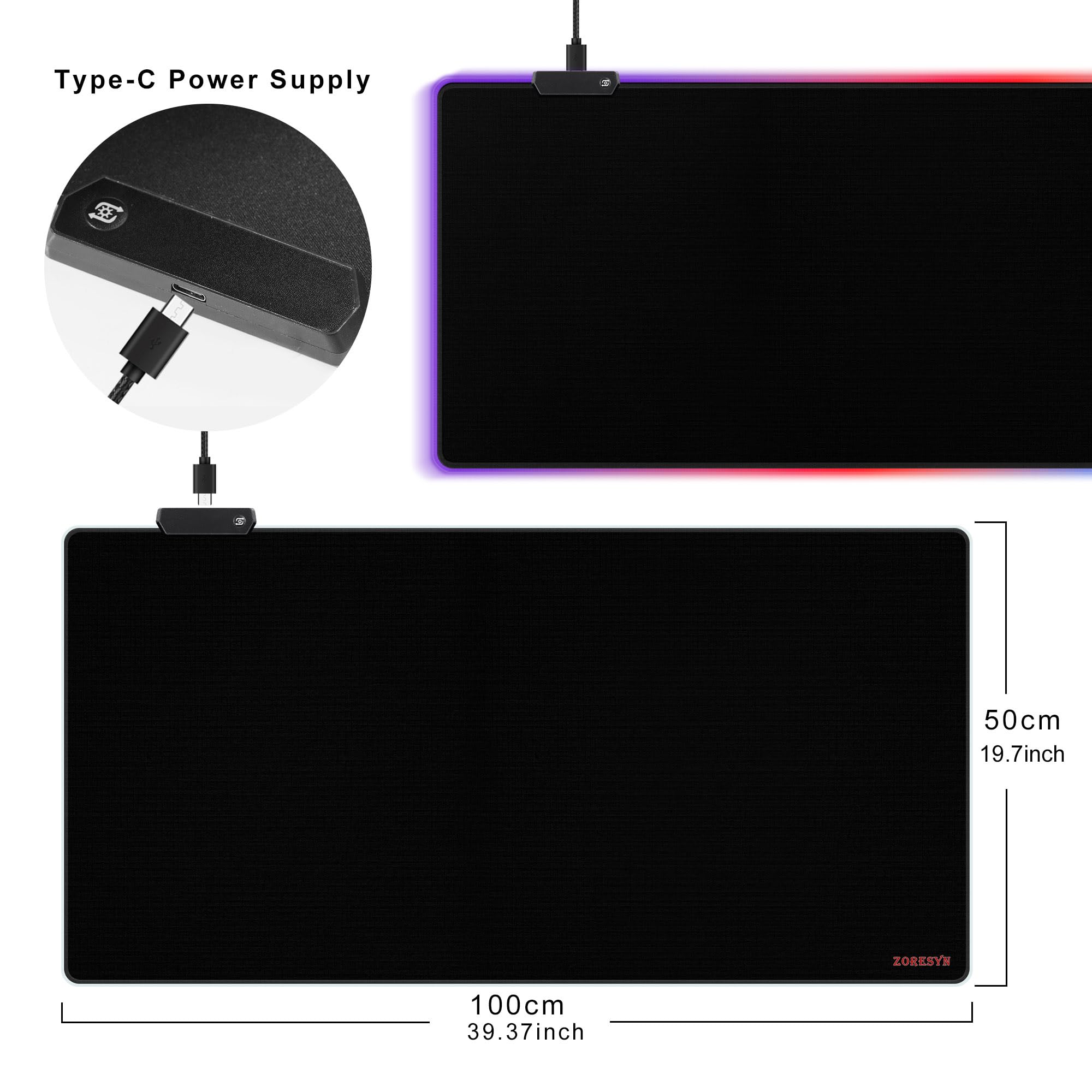 ZORESYN Tappetino per mouse da gioco RGB, 100 x 50 cm, grande tappetino per mouse con luce a LED, tappetino per tastiera, accessori da gioco per scrivania, base in gomma antiscivolo, grande tappetino