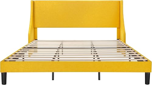 Miniatura 46 de Allewie Marco de cama de plataforma moderna, tamaño queen con respaldo de orejas, tapizado, con cabecera, soporte de listones de madera, base de