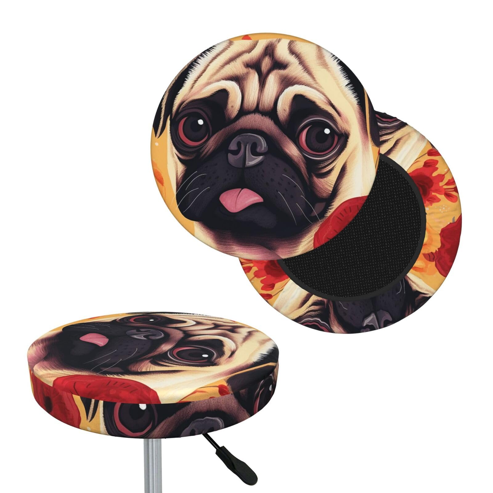 FekiLoot Pug Flower Round Bar Stool Covers Stretch Washable Bar Stool Covers Dustproof Slipcover Bar Chair Covers with Elastic Band for Bar Kitchen Living Room Decor 13 Inch