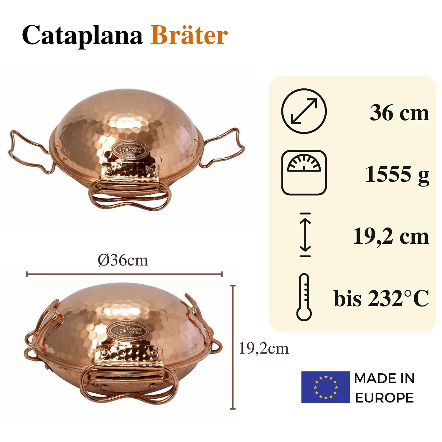 CopperGarden® Cataplana Bräter aus handverzinntem gehämmerten Kupfer mit ca 36 cm Durchmesser I Portugies. Kupferbräter mit perfekter Wärmeleitfähigkeit I Für Gas/Feuer/Grill & Backofen