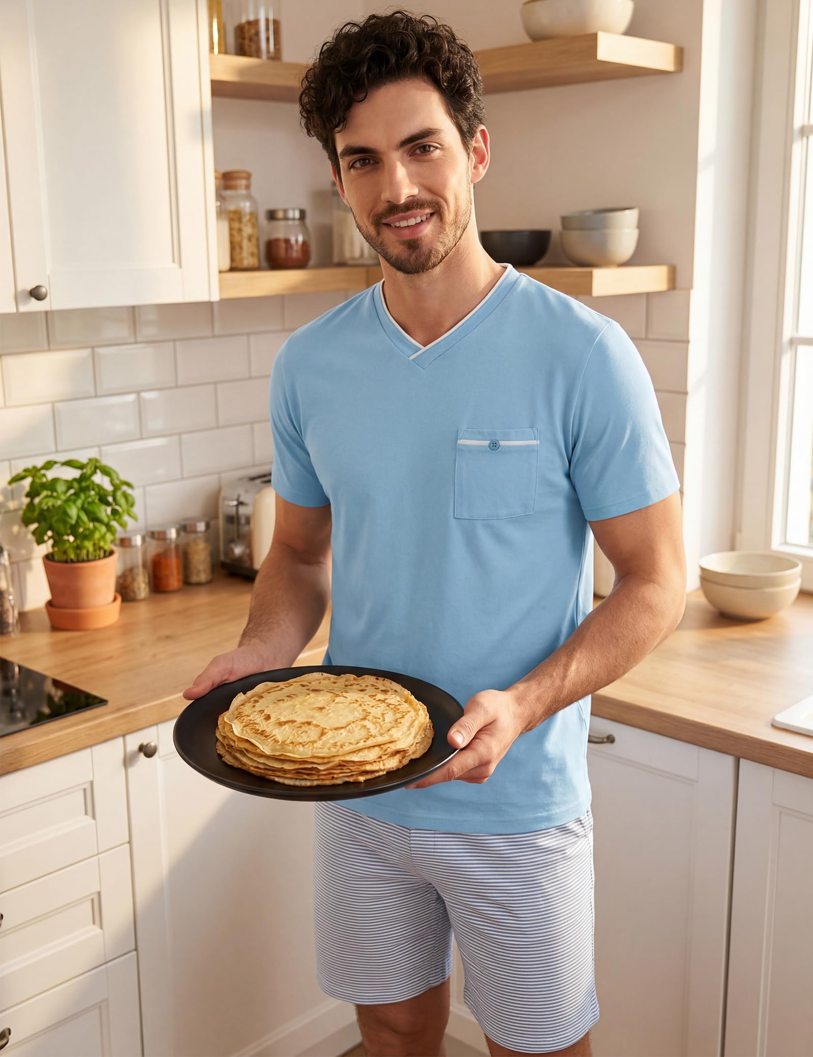 Schlafanzug Herren Kurz Pyjama Baumwolle Nachtwäsche Zweiteilige Set Kurzarmshirt und Streifen Pyjamahose