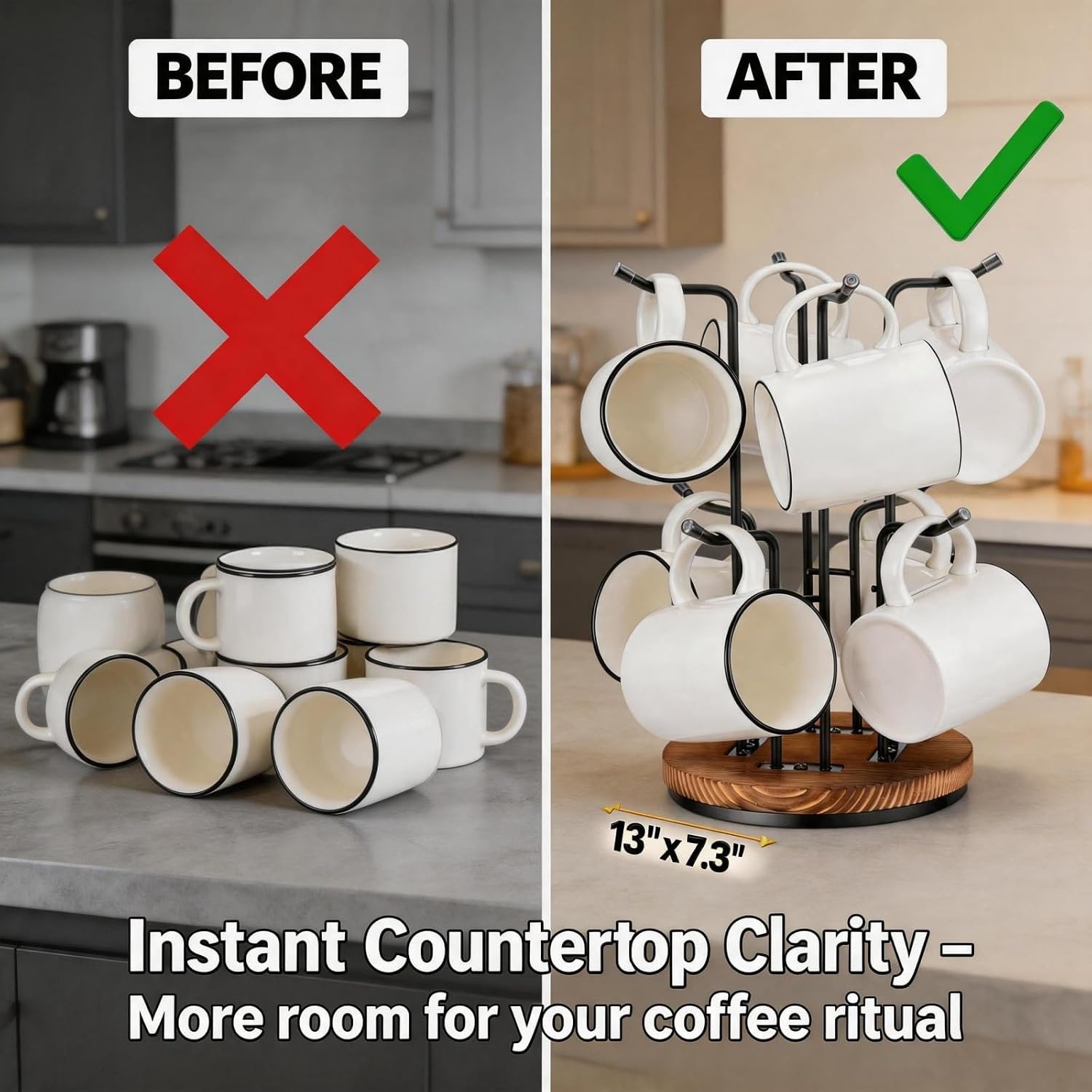 360° Rotating Mug Tree for Countertop, Large Coffee Mug Tree with 8 Hooks, Sturdy Cup Holder Stand, Space-Saving Cup Tree Rack, 13" x 7.3" x 7.3" Organizer for Kitchen Coffee Bar Display