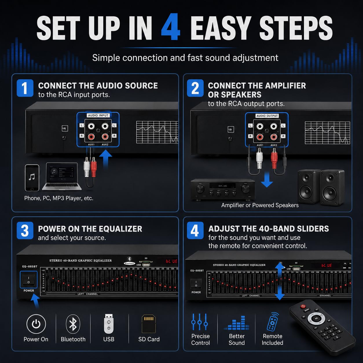 Podwójny 20-pasmowy Korektor Dźwięku, Graficzny Korektor Stereo Z Pilotem I Redukcją Szumów, Korektor Hi-fi Home Eq Do Studia Nagrań, Karaoke, Kina Domowego