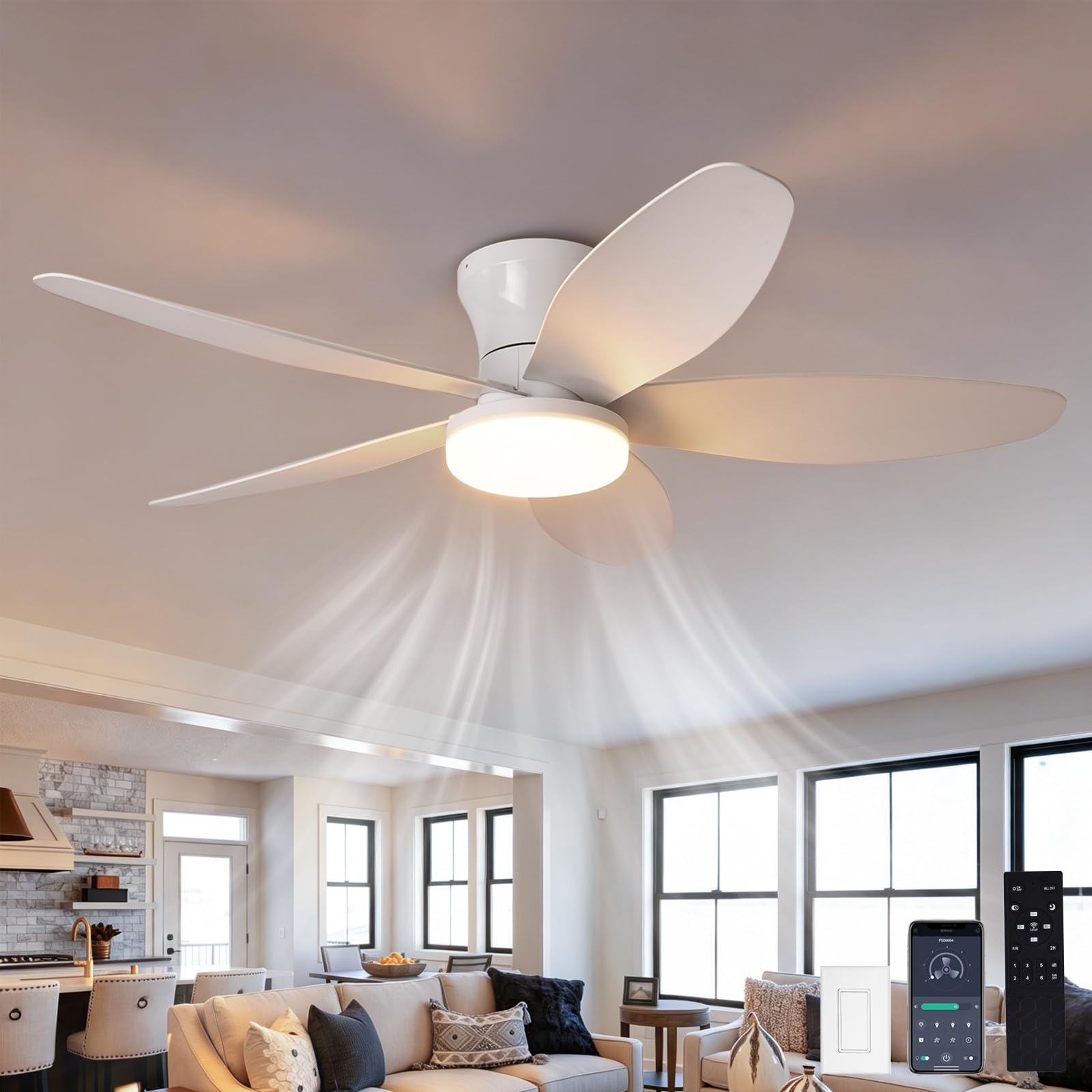 SXDMOUBK 42 Inch Dimmable LED Ceiling Fan,Reversible,Timer,6 Speeds & Timer Ultra-Quiet,Ceiling Fans with Lights and Remote,Dimmable Smart Ceiling Fan for Bedroom Kitchen Dining Room