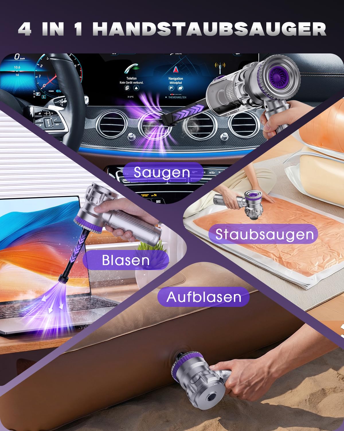 Handstaubsauger Akku, 28000PA Autostaubsauger Kabellos, Bürstenloser Motor, Großer Staubbehälter mit EIN-Knopf-Entleerung, 4 in 1 Mini Staubsauger mit Schlauch für Auto, Tierhaare, PC, Haus