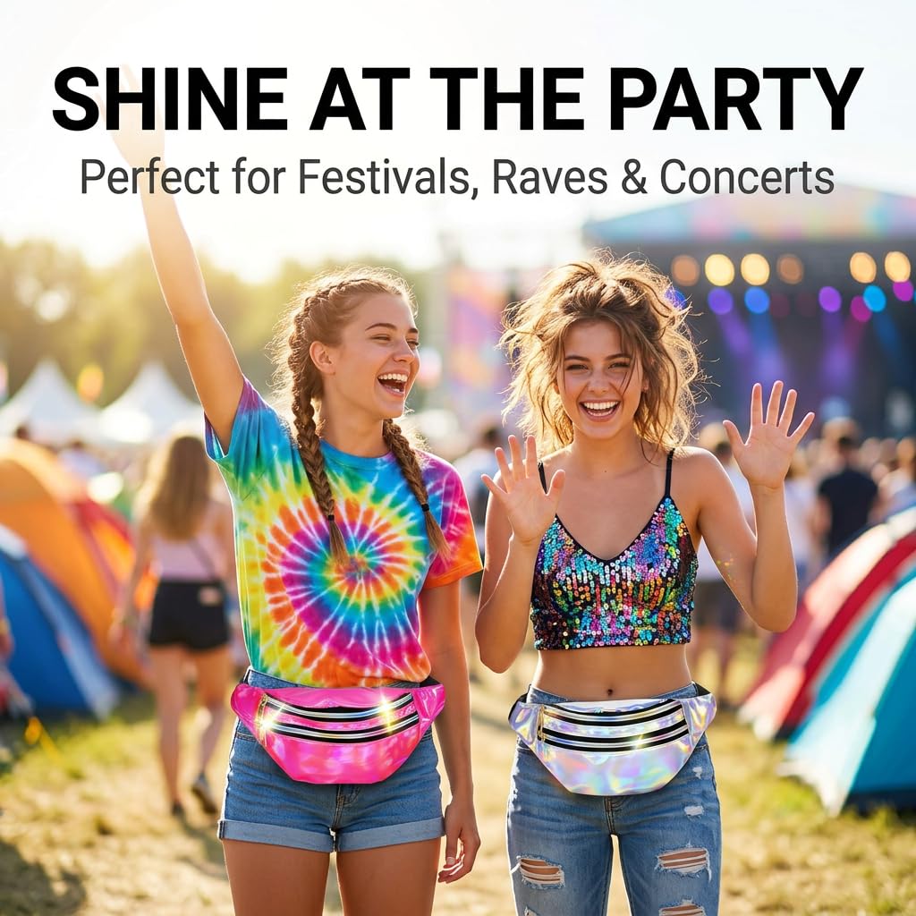 Juego de 2 riñoneras para mujer con purpurina (rosa + plata), riñonera impermeable para festival rave y atuendo de los años 80, riñonera ajustable para fiestas, viajes, deportes y carnaval