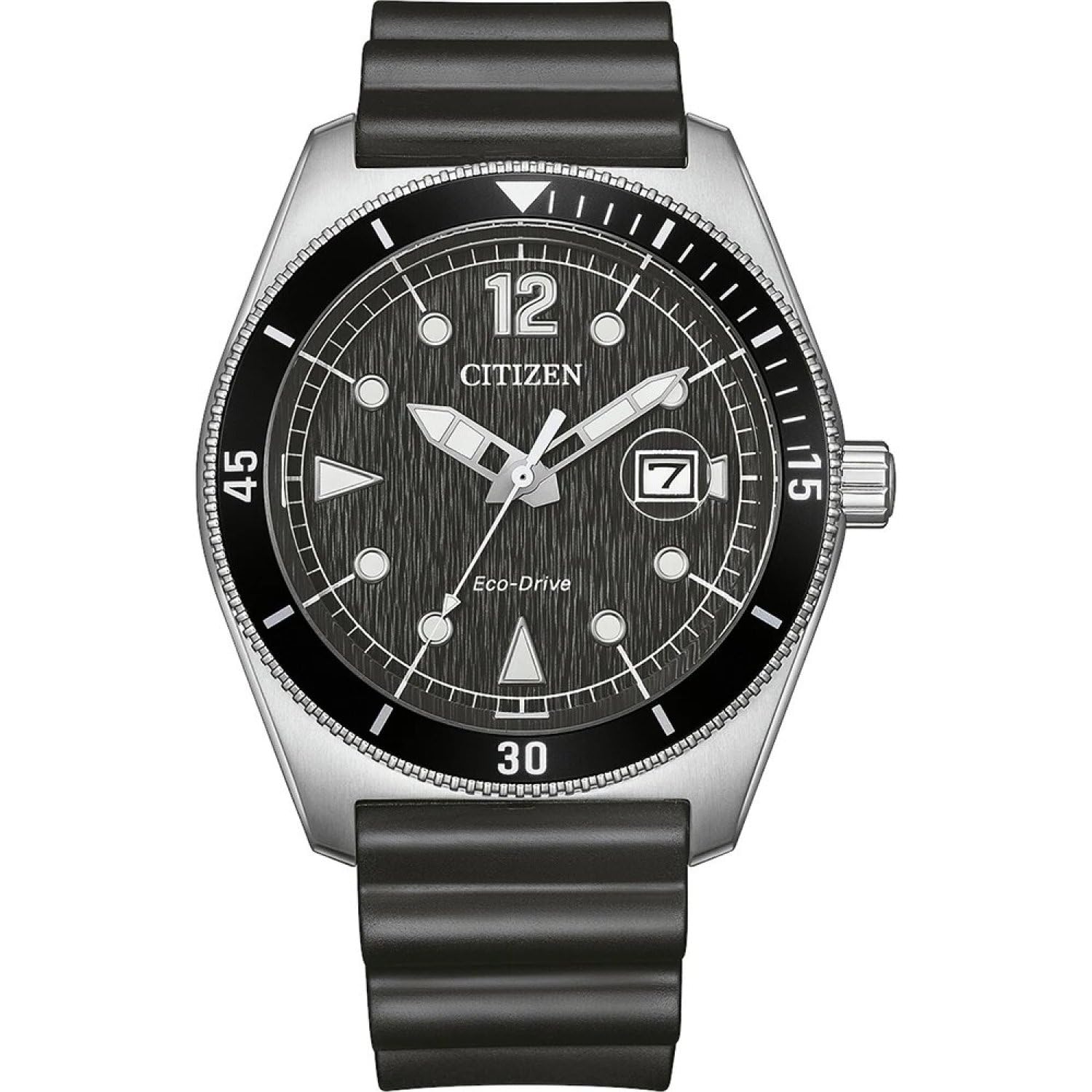 Citizen Eco-Drive Herrenuhr Edelstahl, Schwarz, 43 mm, AW1889-00E | Analog Quartz | Kristallglas | 10 bar Wasserdicht | 240 Tage Gangreserve | Datum | Gummiband (Urethan)band
