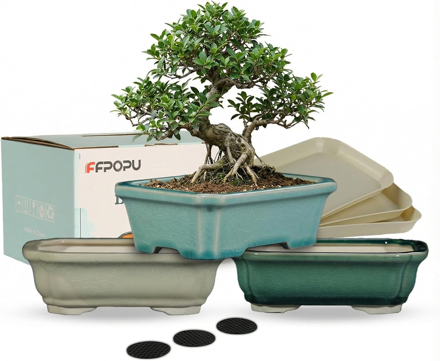 FFPOPU 3-Packs Ceramic Bonsai Pots with Drainage Tray, 6-inch Cute Bonsai Tree Pot with Ice Cracked Glaze, Small Bonsai Planter Pot for Desktop Decoration