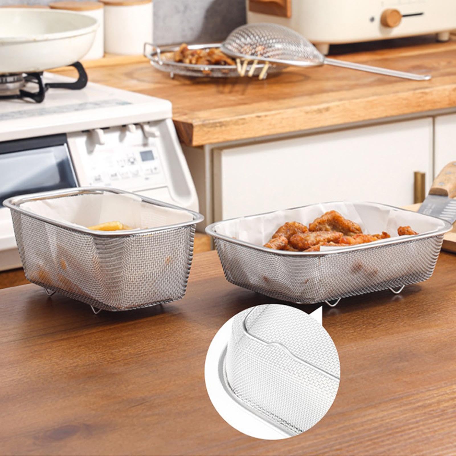 Colador Rectangular Acero Inoxidable - Cesta Para Freír Y Escurrir Verduras, Patatas, Pasta (2 Tamaños, Aptas Lavavajillas)