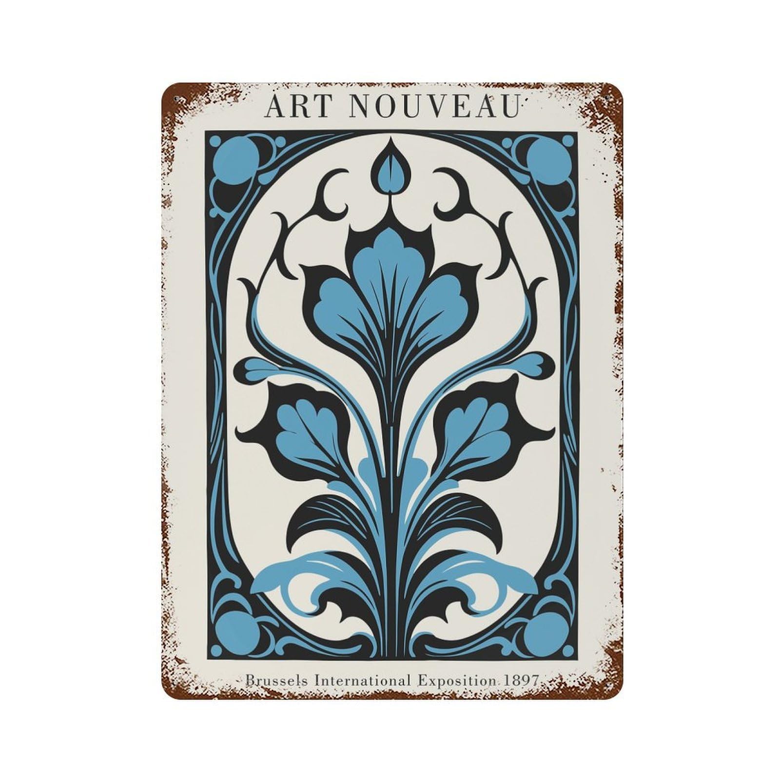 Blue Floral Art Nouveau 15.7"x11.8" Decorative Tin Sign, Retro Wall Decor for Bistro, Counter And Cafe Decor
