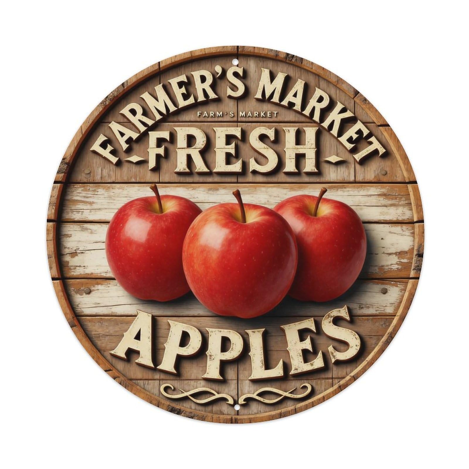 Farmer's Market Fresh Apples Round Tin Sign Vintage Metal Poster Retro Bar, Home, Man Cave, Kitchen, Laundry Room Wall Art Decor Gift 8x8Inch