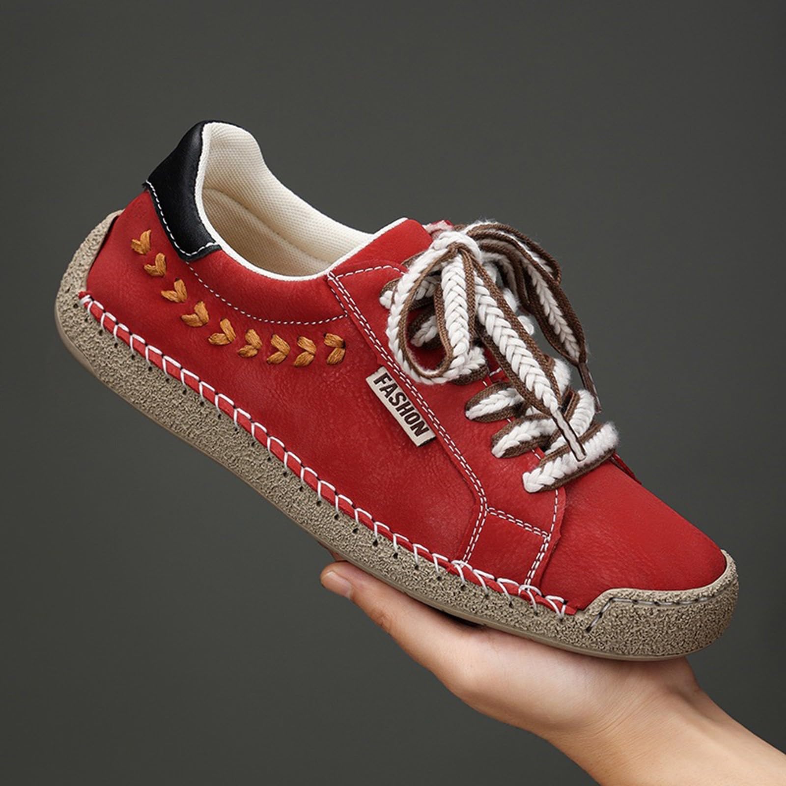 Low-Top-Sneaker für Damen und Herren, flache Stickerei, Schnürschuh, rot | Handgenähte, runde Zehenpartie, breite Passform, rutschfest, Unisex, Freizeit-Sneaker, Wanderschuhe, Urlaub, Büro