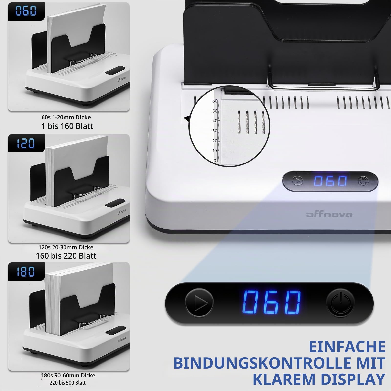 OFFNOVA Thermobindemaschine 500 Blatt, kein Vorheizen, Luftkühlung, 3 Zeiteinstellungen, A3/A4/A5/Letter kompatibel, inkl.10 Bindedeckeln für Büro & Homeschooling