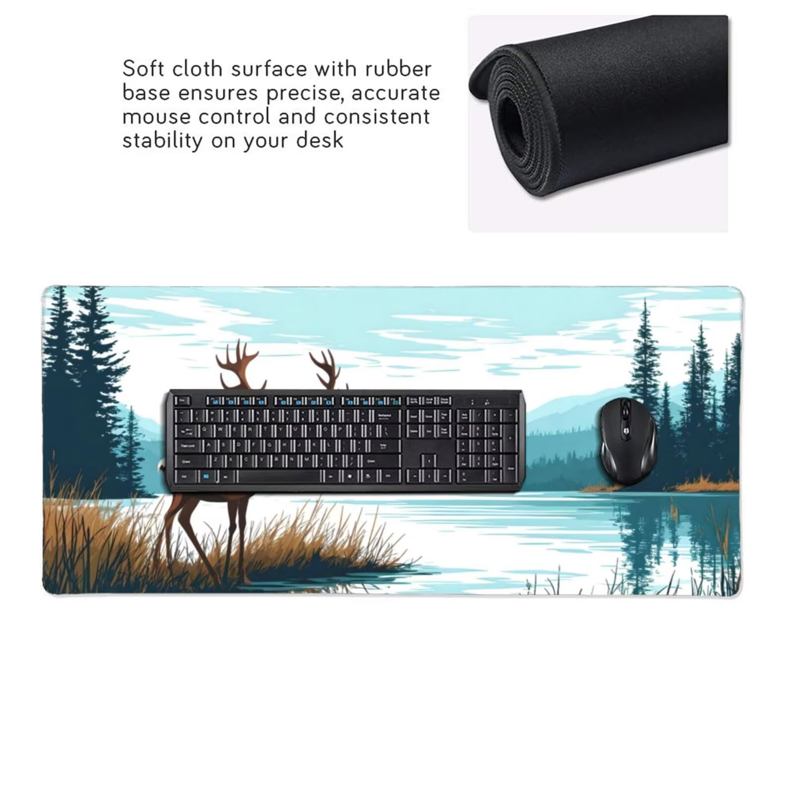 Podkładka pod mysz z jeleniem XXL 1400 x 600 mm, duża podkładka pod mysz do gier biurowych z przeszytymi krawędziami i antypoślizgowym spodem, podkładka pod mysz jezioro dla graczy do klawiatury i