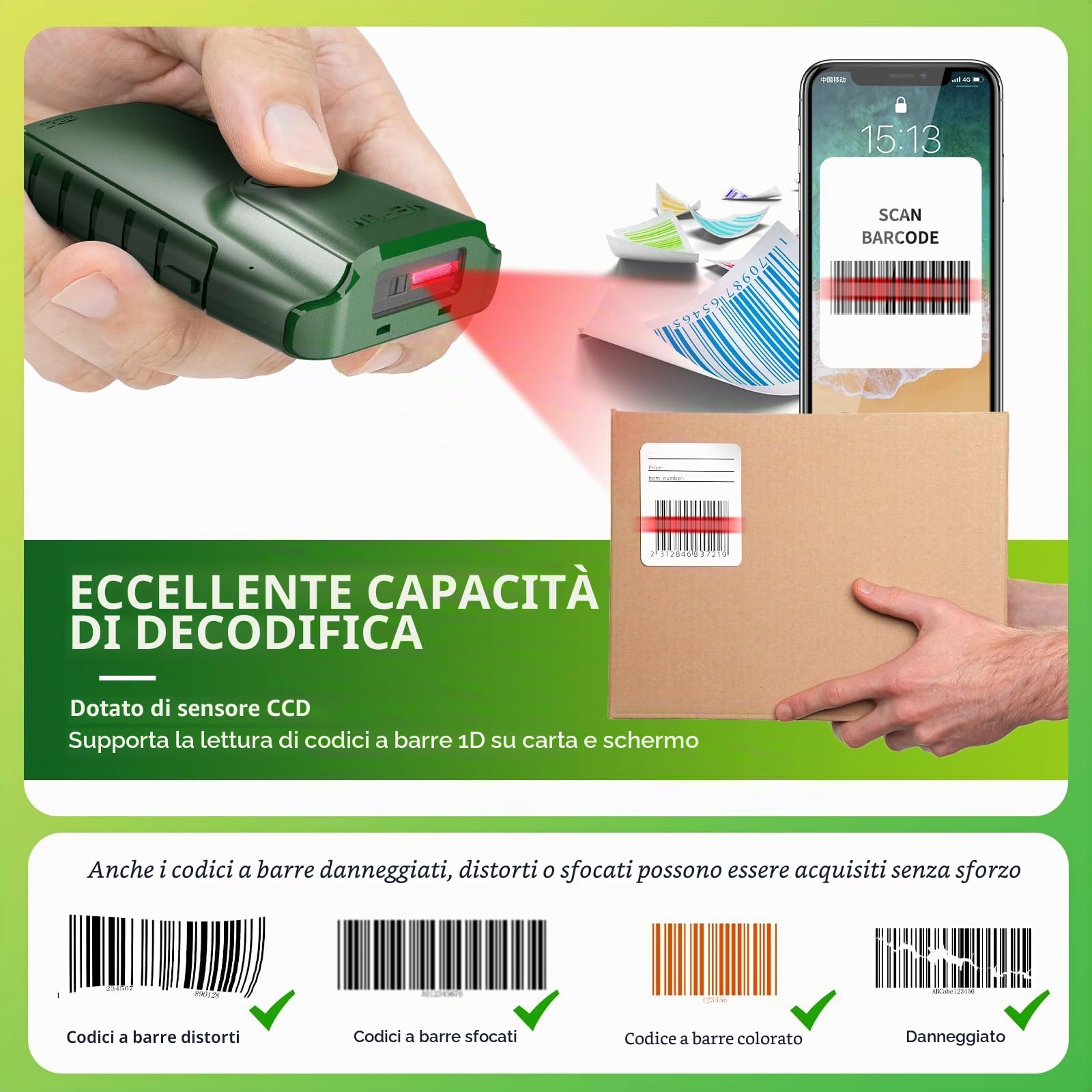 NETUM Scanner Barcode 1D Bluetooth, Lettore CCD 3-in-1 Portatile con Clip Posteriore, Wireless, Compatibile Tablet iOS/Android/Windows/macOS per Magazzino e POS (E740)