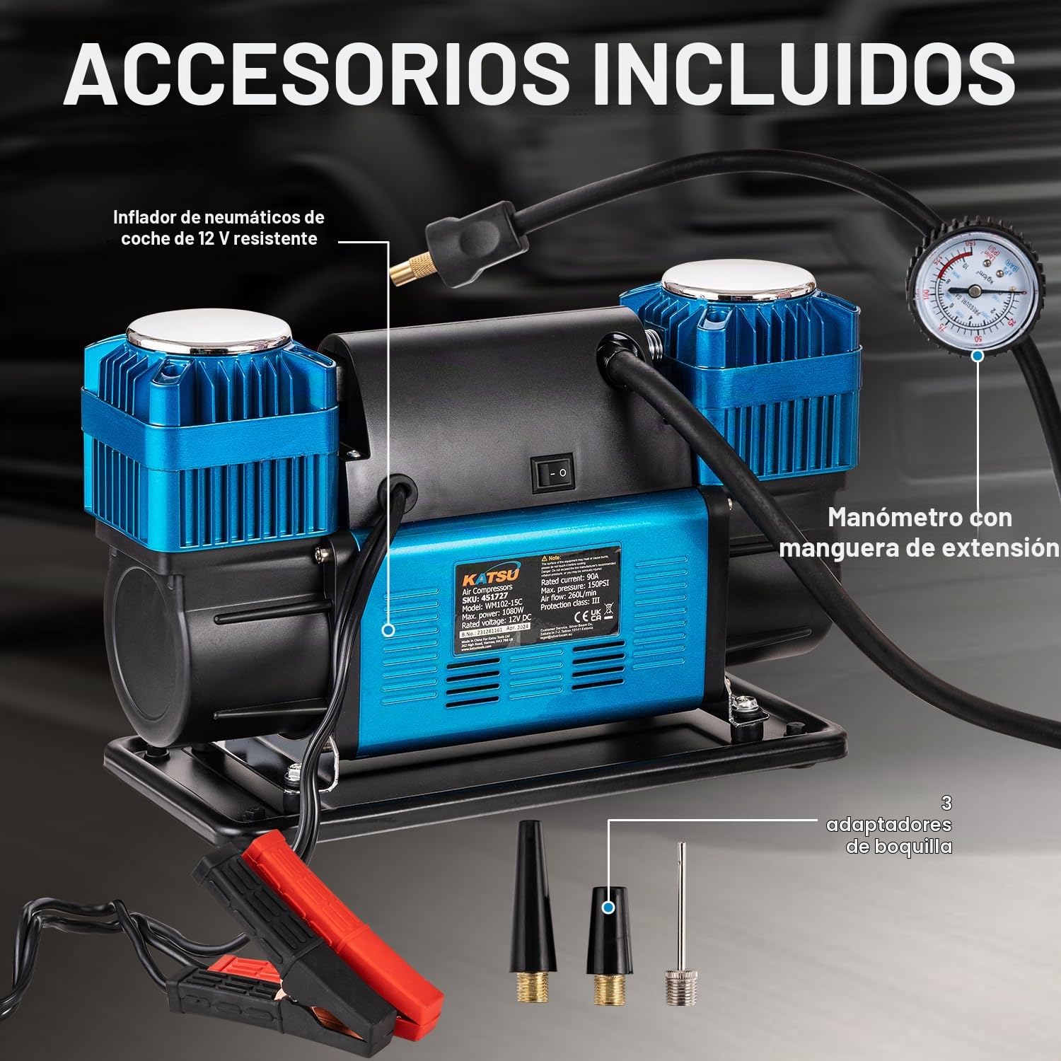 KATSU Tools Profesional Inflador de Neumáticos de Coche con Doble Pistón, 150 PSI 12V 90Amp Portátil Gran Volumen Compresor de Aire Bomba de Neumáticos para 4WD Auto Van Camiones Inflables