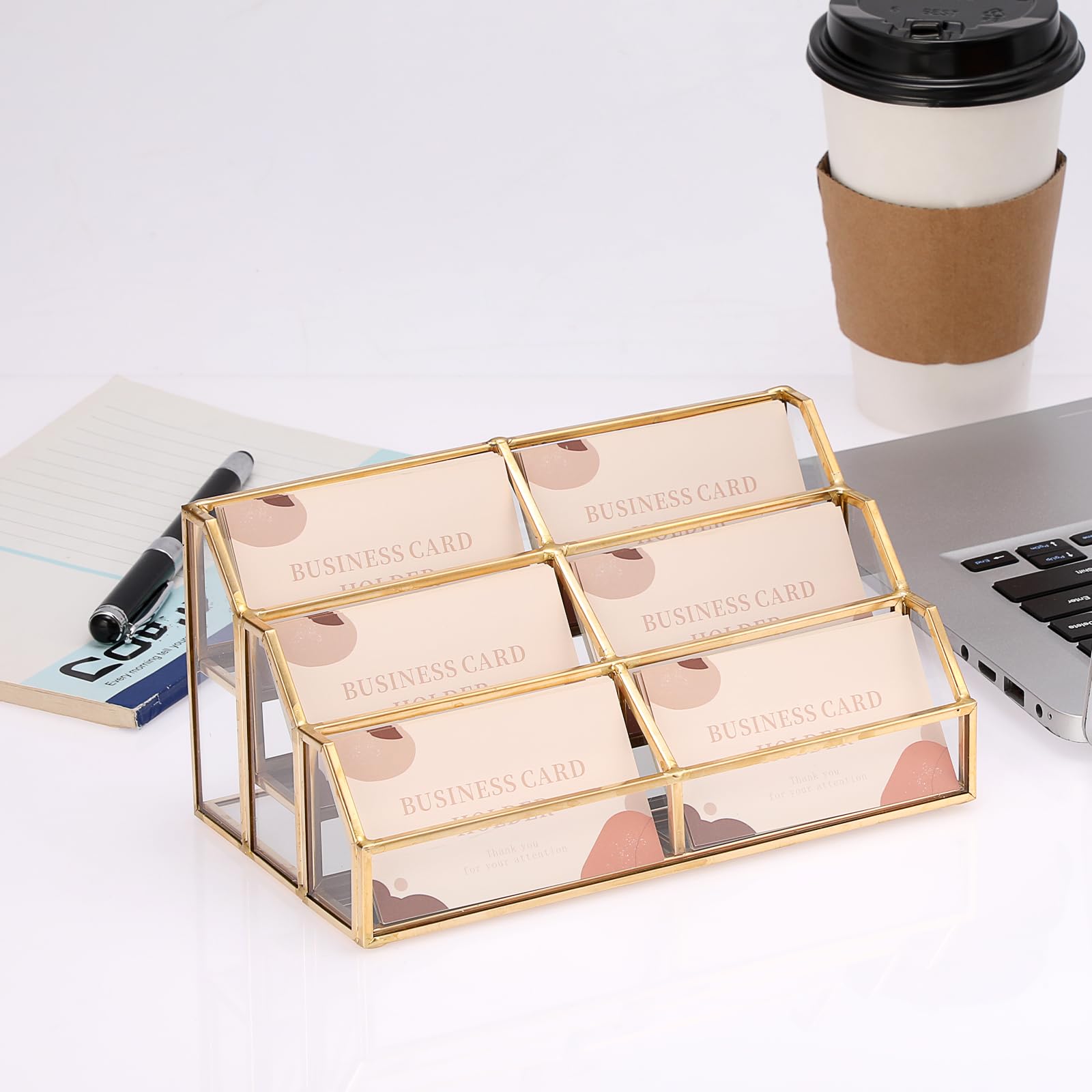 Hipiwe Soporte de cristal para tarjetas de visita de metal dorado, 6 ranuras