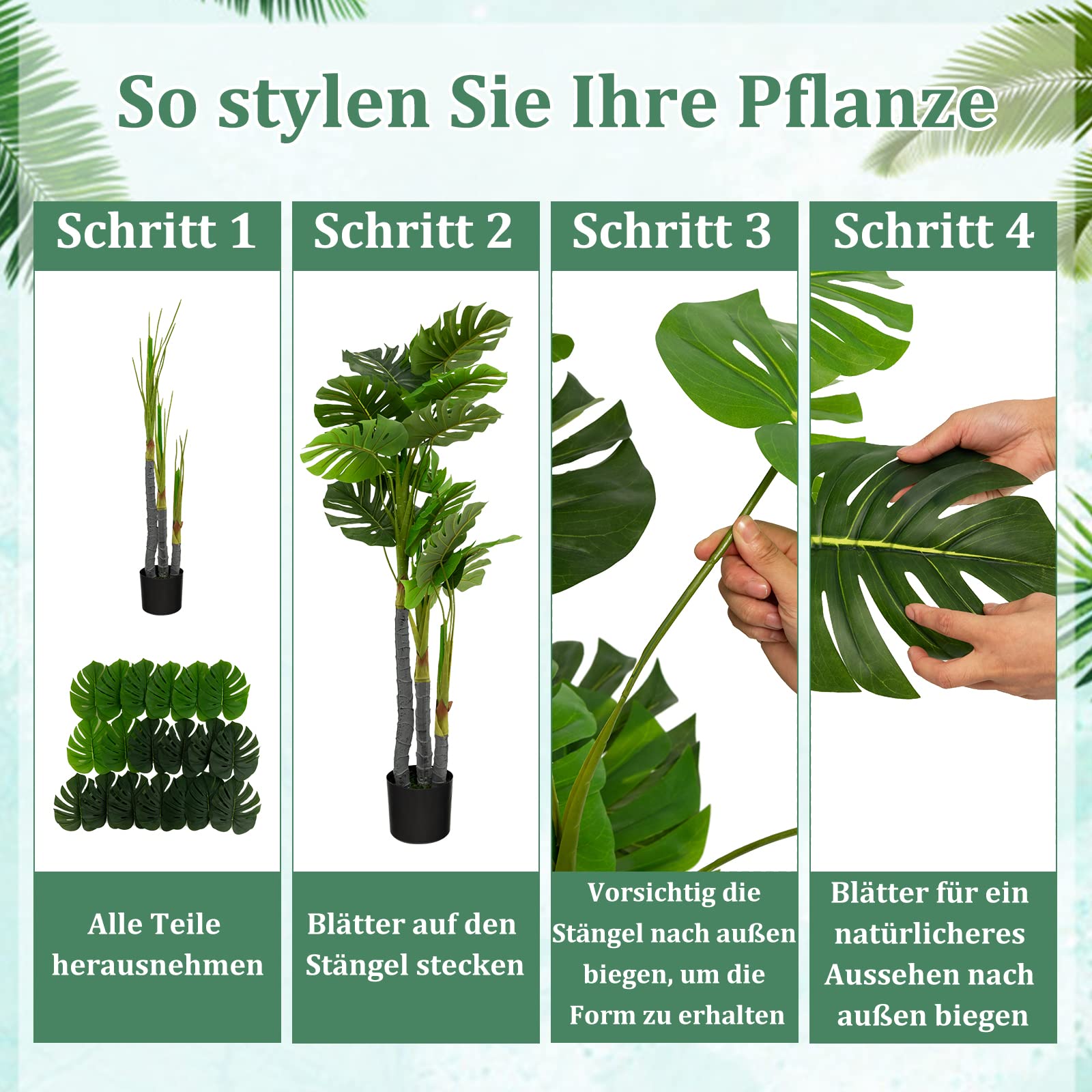 GOPLUS Sztuczne drzewko monstera o wysokości 120 cm, sztuczna roślina Monstera Deliciosa z 20 dużymi liśćmi, 3 pniami i realistycznym mchem, zawsze zielona sztuczna roślina z doniczką do wewnątrz i na zewnątrz