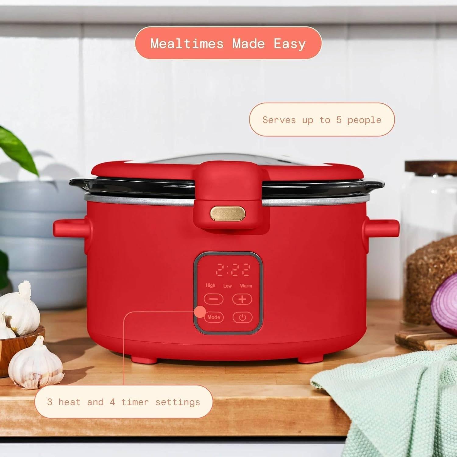 4 Quart Programmable Slow Cooker with Hinged Locking Lid, Digital Touch Controls, Removable Ceramic Nonstick Pot, Compact Crock Pot for Small Family Meals and Meal Prep (Tomato Red)