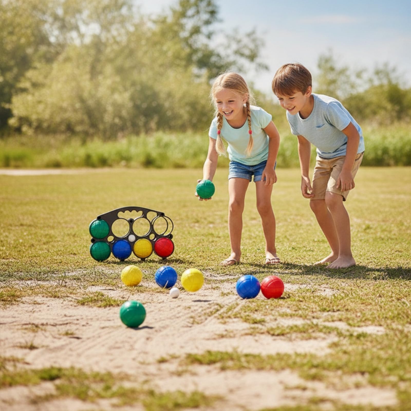 Juego de Bocce Set Juego de Bolas para Exterior con Relieve para Agarre y Bola Objetivo Portador con Huecos Asa de Transporte Material PVC Plástico Adecuado para Picnic Parque Playa
