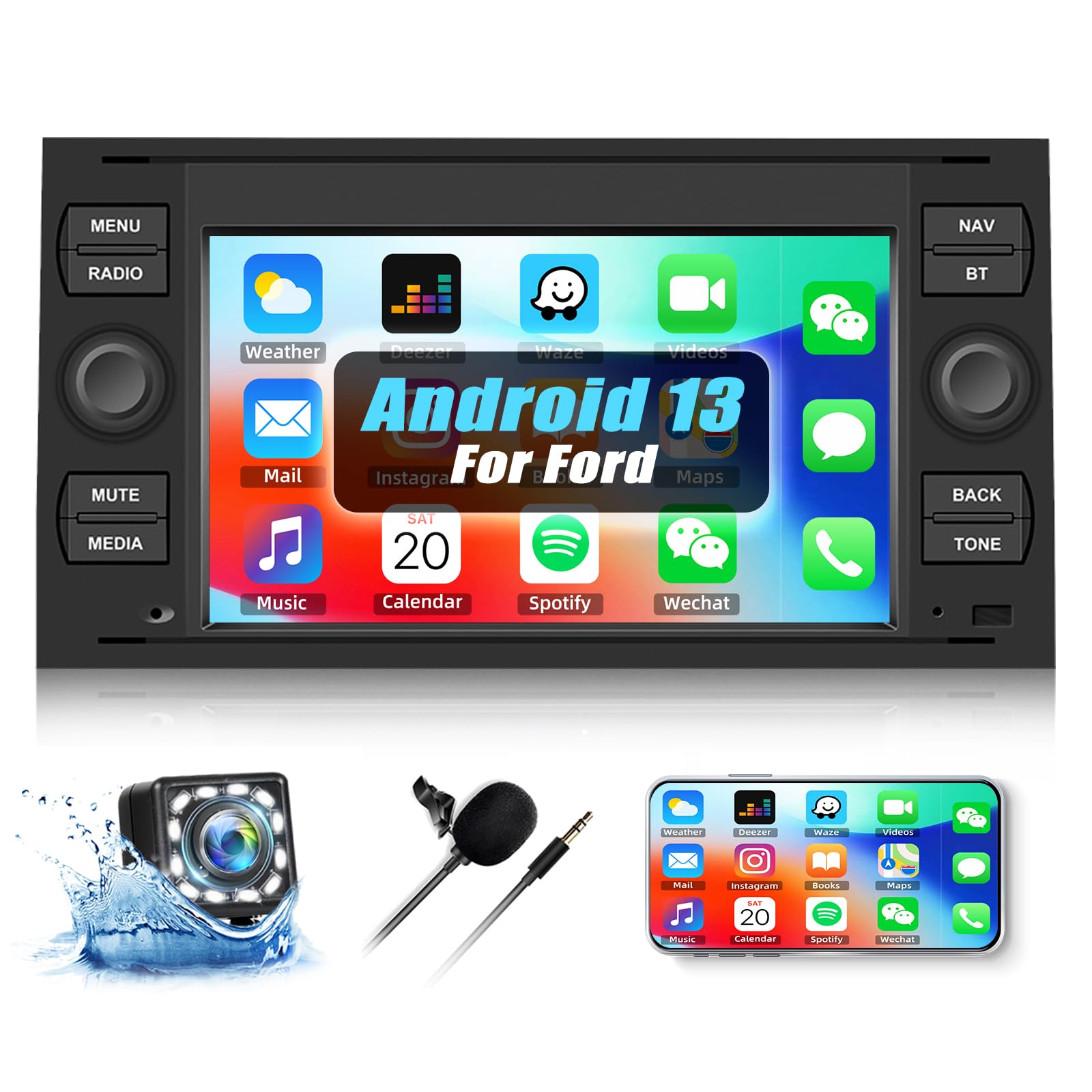 SIXWIN Android 13 Autoradio – 7 Inch HD Touchscreen, Voor Ford Modellen, Inclusief GPS, WiFi, Bluetooth, Stuurwielbediening