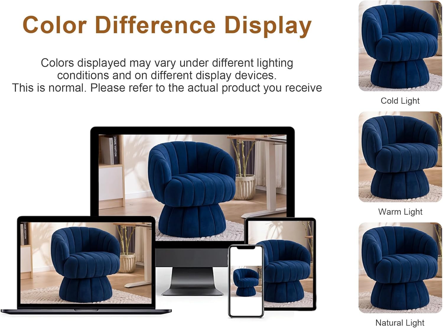 Mid Century Modern 360 Degree Barrel Swivel Accent Sofa Chair,Fluffy Velvet Fabric Lounge Wide Upholstered Pumpkin Reading Chair, Round Cloud Armchair for Living Room,Bedroom,Vanity(Navy Blue)