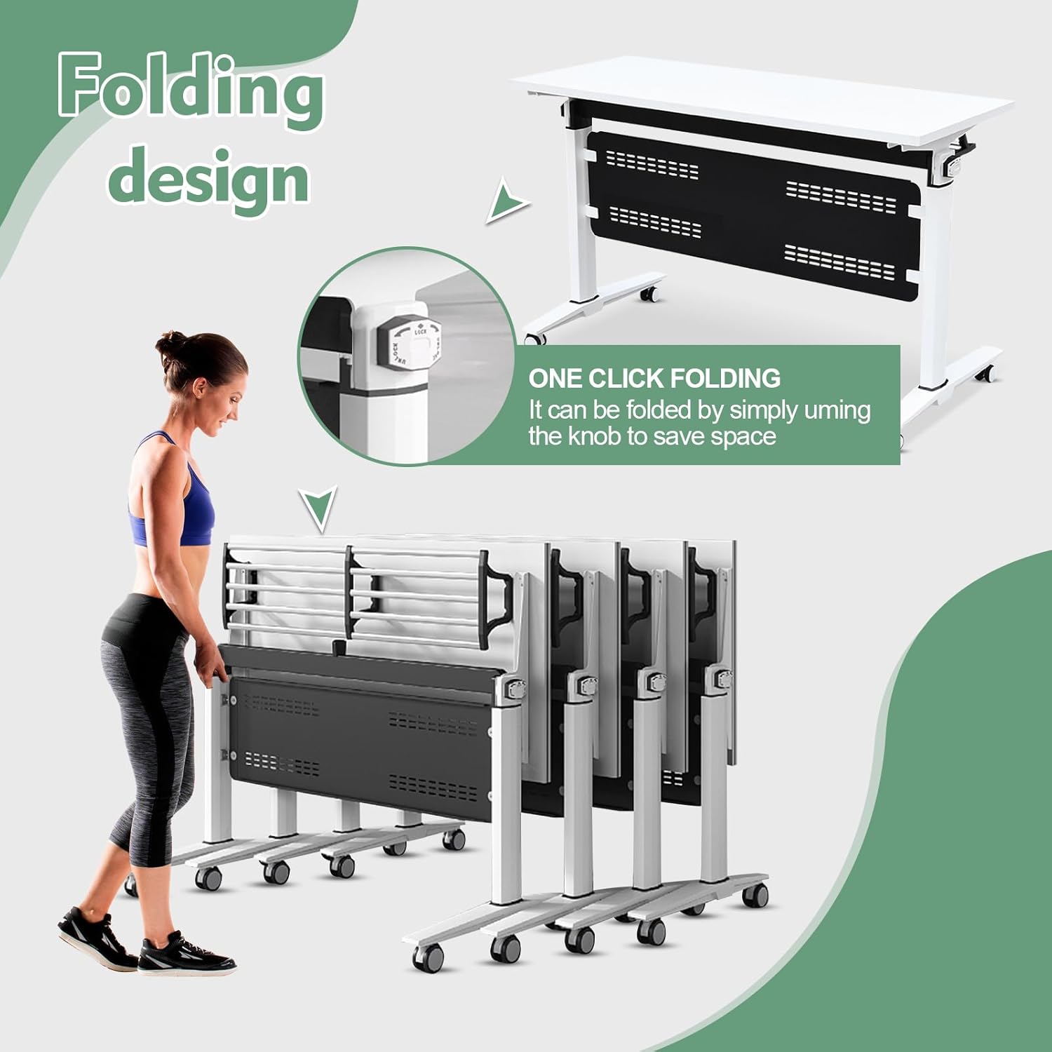 Image showing the folding mechanism and a stack of folded tables