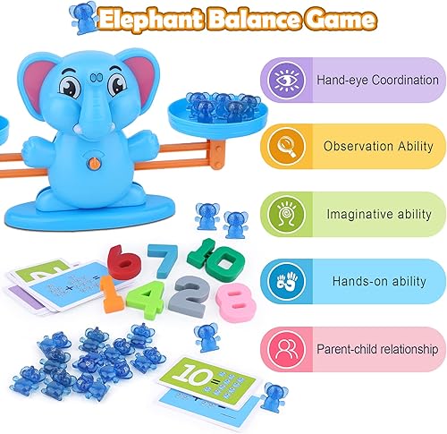 Miniatura 6 de Juguete de equilibrio de elefante, juego educativo de equilibrio de números matemáticos, juguete de aprendizaje de números con elefantes pequeños,